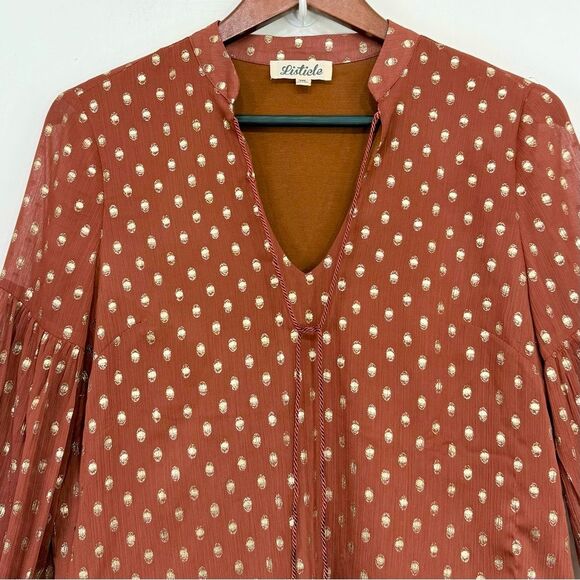 Listicle Rust Brown Gold Metallic Polka Dot Ruffle Long Sleeve Peasant Blouse - Picture 3 of 16